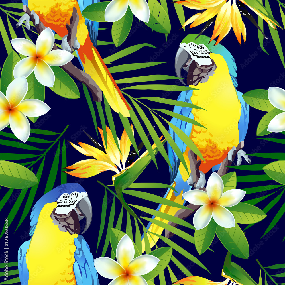 Obraz premium Tropical birds. Colorful parrots and exotic flowers. Vector. 