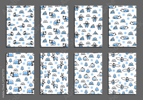 Set of vector greeting card templates with arctic animals. Childish illustrations of polar bear, reindeer, arctic fox, walrus, seal, owl, penguin and musk-ox. Animals wear scarves and hats