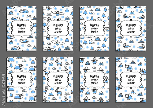 Set of happy new year vector greeting card templates with arctic animals. Childish illustrations of polar bear, reindeer, arctic fox, walrus, seal, owl, penguin and musk-ox. Animals wear scarves and