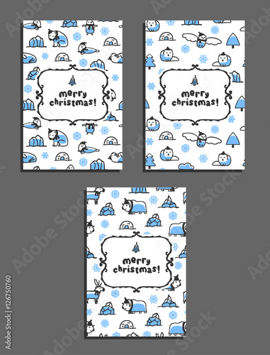 Set of merry christmas vector greeting card templates with arctic animals. Childish illustrations of polar bear, reindeer, arctic fox, walrus, seal, owl, penguin and musk-ox. Animals wear scarves and