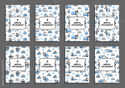 Set of merry christmas vector greeting card templates with arctic animals. Childish illustrations of polar bear, reindeer, arctic fox, walrus, seal, owl, penguin and musk-ox. Animals wear scarves and
