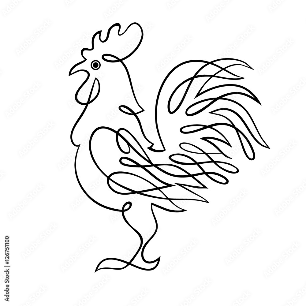 Year 2017 symbol Chinese Rooster. Hand drawing. Black lines on white background.