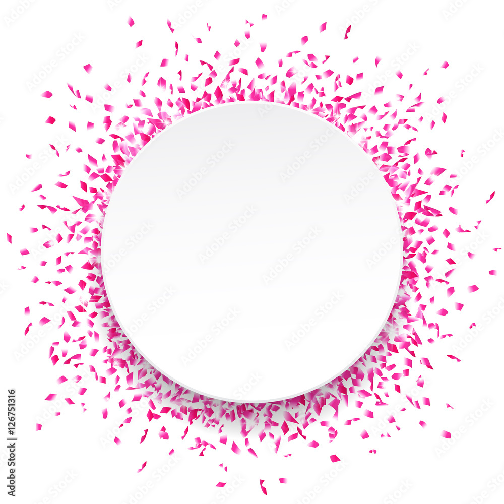 White round paper banner on bright and shiny pink confetti background. Vector illustration. White round paper banner on bright and shiny pink confetti background. Vector illustration.