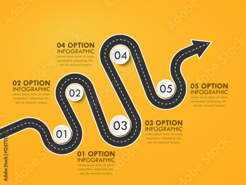 Road way location infographic template with a phased structure. Winding road timeline. Stylish Serpentine in the form of arrows. Vector EPS 10