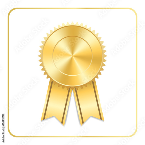 Award ribbon gold icon. Blank medal, isolated on white background. Stamp rosette design trophy. Golden emblem. Symbol of winner, celebration, sport achievement, champion. Vector illustration