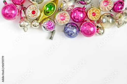 Colorful Vintage Christmas ornaments on white background