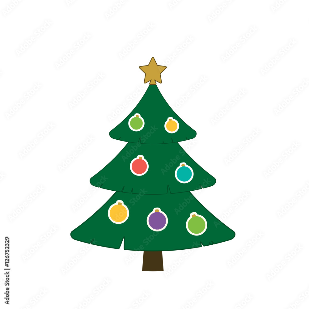 Christmas tree with balls, star. Cartoon icon. Green silhouette decoration sign, isolated on white background. Flat design. Symbol of holiday, Christmas, New Year celebration. Vector illustration Christmas tree with balls, star. Cartoon icon. Green silhouette decoration sign, isolated on white background. Flat design. Symbol of holiday, Christmas, New Year celebration. Vector illustration