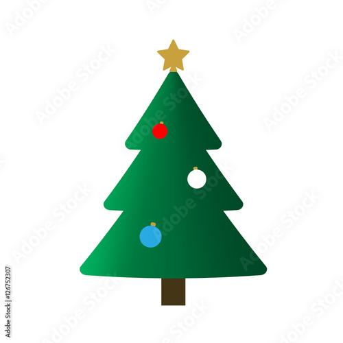 Christmas tree with balls, star. Cartoon icon. Green silhouette decoration sign, isolated on white background. Flat design. Symbol of holiday, Christmas, New Year celebration. Vector illustration