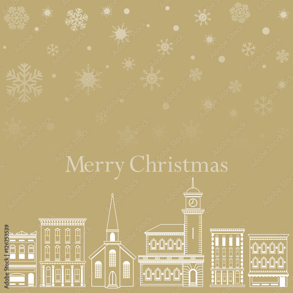 Festive Christmas background with a town and snowflakes  