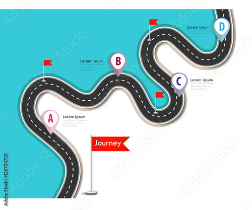 Road trip and Journey route. Business and Journey Infographic Design Template with flags and place for your data. Winding road on a colorful background. Stylish streamers. Vector EPS 10