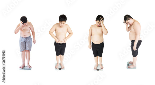 Collage photo of fat boy disappoint his fatness while standing on on weighing machine over white background