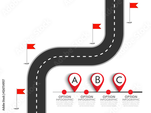 Road trip and Journey route. Business and Journey Infographic Design Template with flags and place for your data. Winding road on a colorful background. Stylish streamers. Vector EPS 10