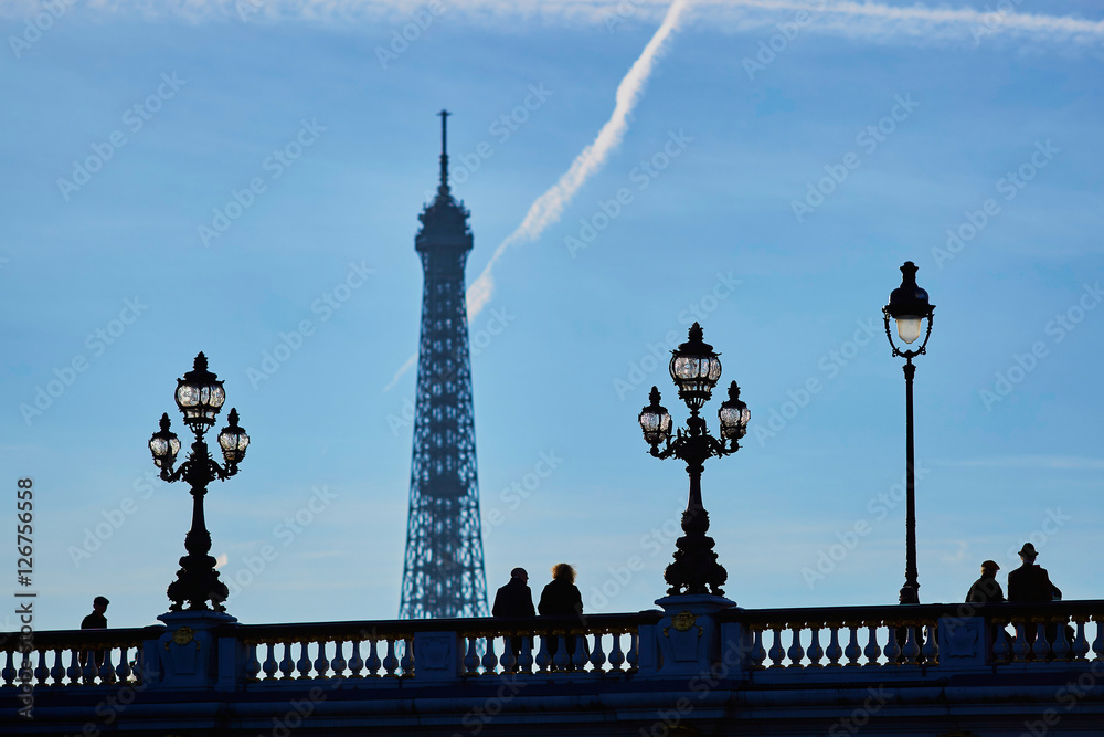 Scenic cityscape of Paris with silhouettes of people and Eiffel tower