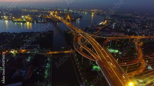 aerial view of bhumibol bridge important landmark and traffic transportation in bangkok thailand