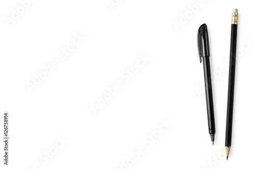 Fototapete Black pen and pencil are isolated on white background