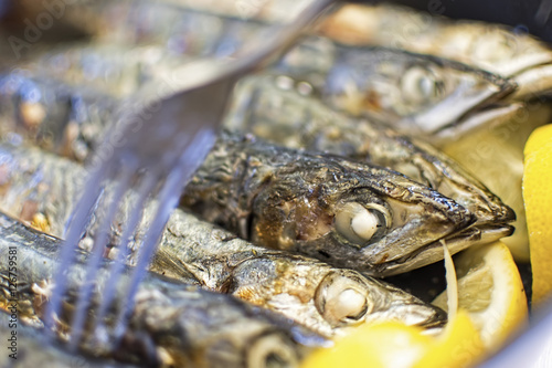 Grilled Fish with Lemons and Fork Close Up