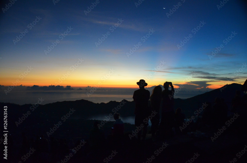 Bali Sunrise Mountain Island Landscape with People