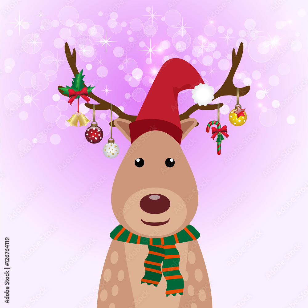 Fototapeta premium Deer and Christmas ball decoration, glow background