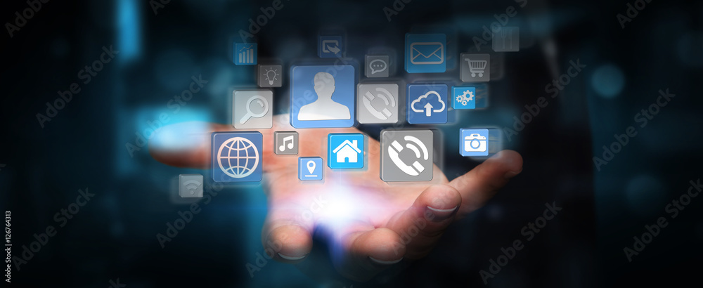 Icons connected to each other over businessman hand Icons connected to each other over businessman hand