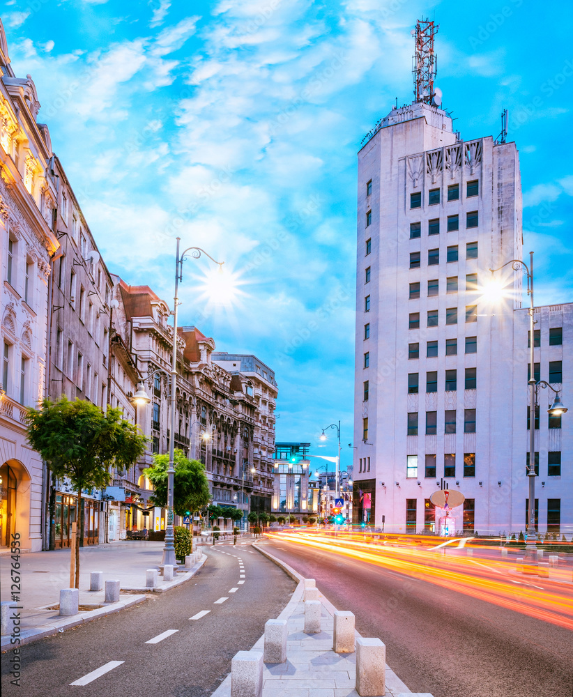 Victoria Avenue with traffic lights. Urban scene from Bucharest, Romania.