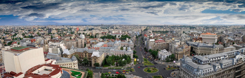 Aerial Panorama over Bucharest, Romania. Photo taken from the University Square.