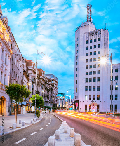 Victoria Avenue with traffic lights. Urban scene from Bucharest, Romania.