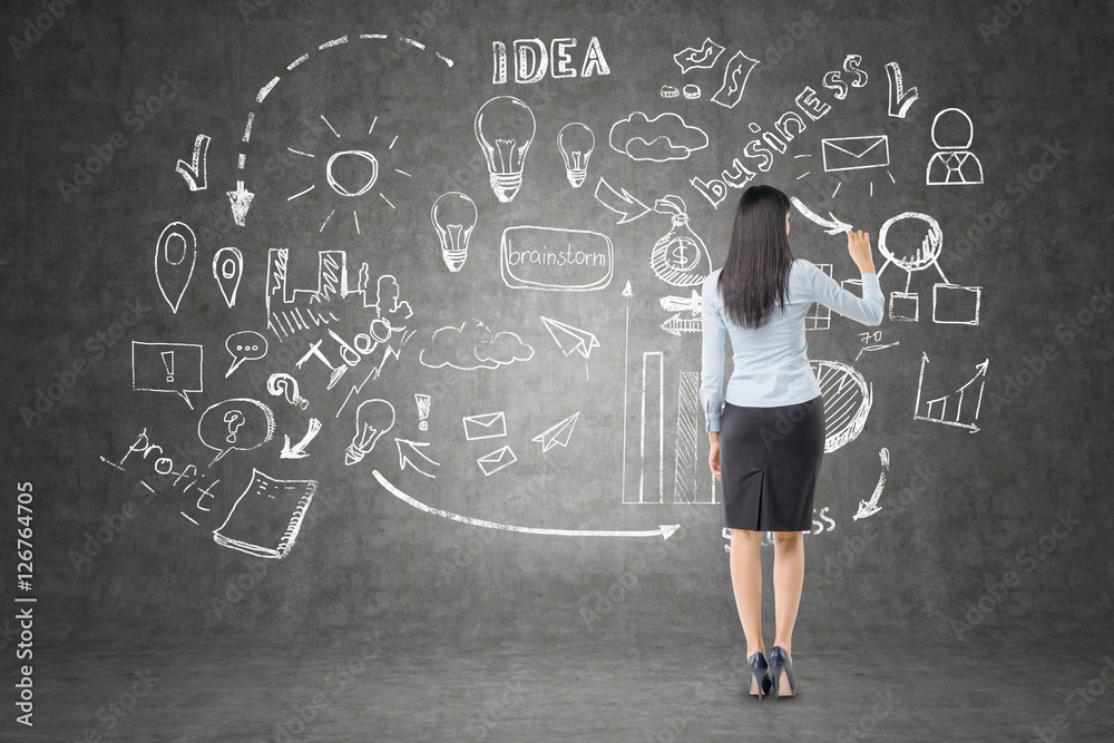 Woman with long hair is drawing startup sketch on blackboard Woman with long hair is drawing startup sketch on blackboard