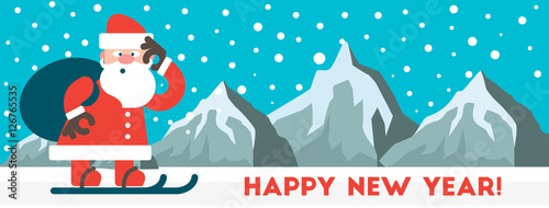 Santa goes skiing to give gifts. Vector. 