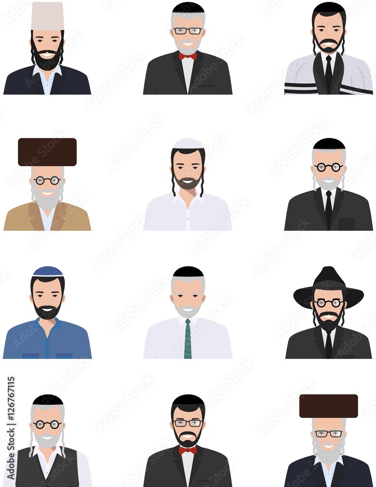 Different jewish old and young men characters avatars icons set in flat style isolated on white background. Differences Israelis ethnic people smiling faces in traditional clothing. Vector Different jewish old and young men characters avatars icons set in flat style isolated on white background. Differences Israelis ethnic people smiling faces in traditional clothing. Vector