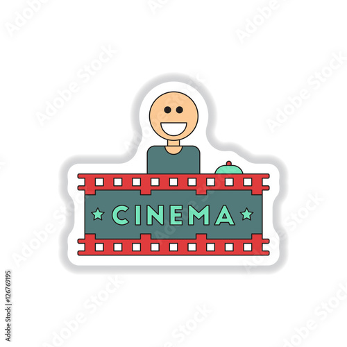 Vector illustration in paper sticker style Seller sells tickets to cinema