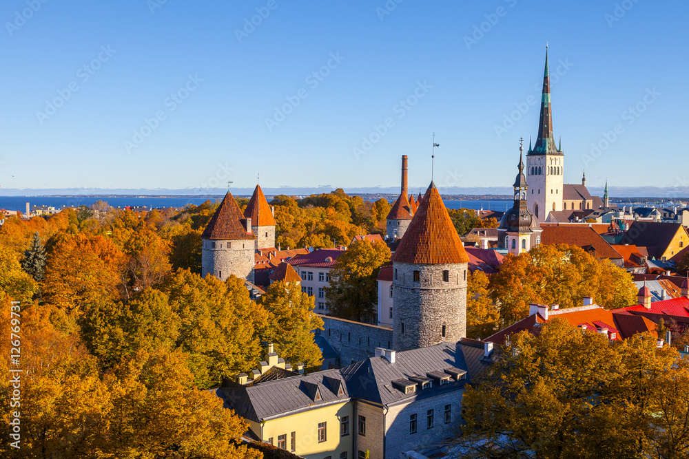 Old City Town Tallinn in Estonia. Sunny autumn day with gold leaves on the trees.