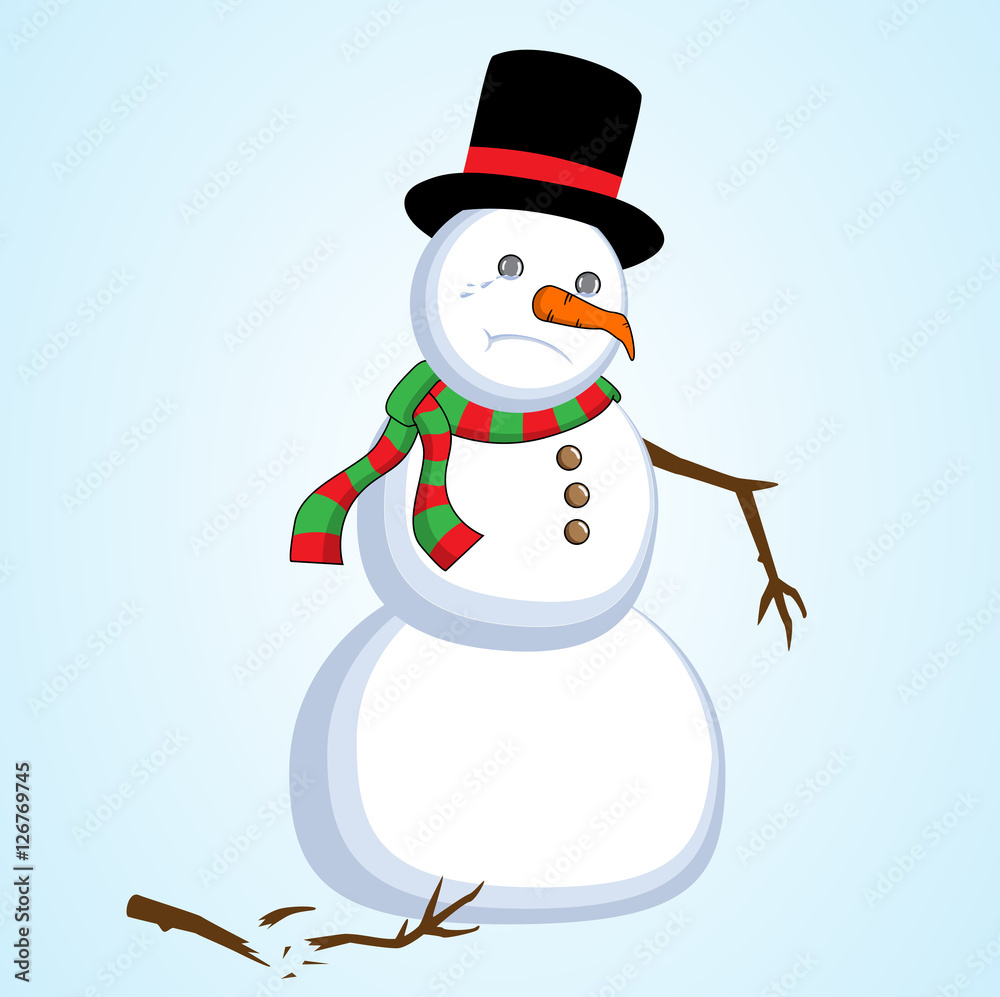 A sad, cry, alone, and broken heart looking snowman with black top hat, and  scarf. Vector illustration Stock Vector | Adobe Stock