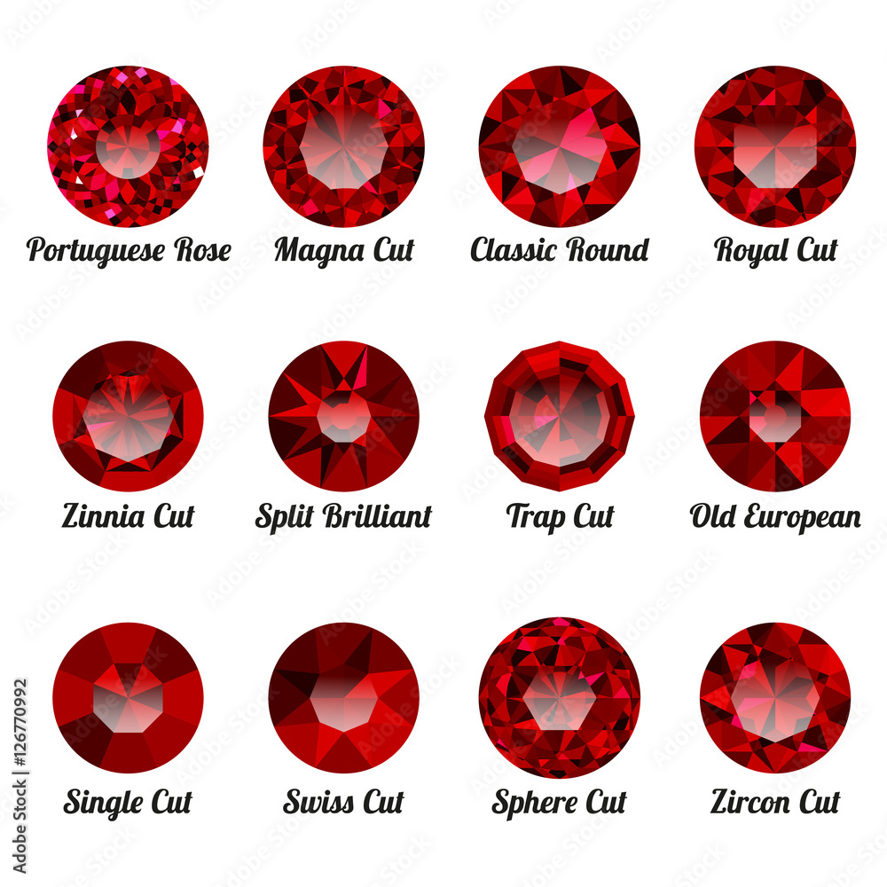Set of realistic red rubies with round cuts isolated on white