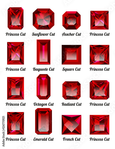 Set of realistic red rubies with rectangle cuts isolated on white background. Jewel and jewelry. Colorful gems and gemstones. Princess, sunflower, asscher, baguette, square, octagon, radiant