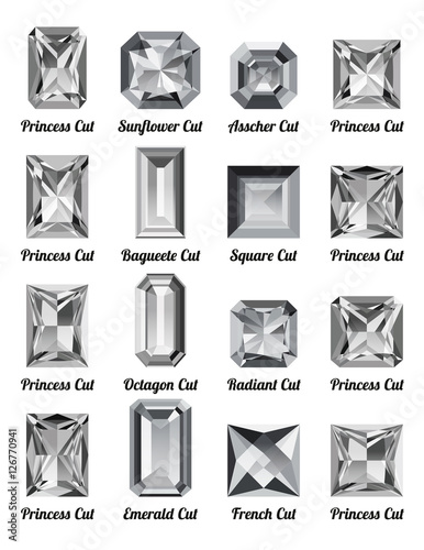 Set of realistic white diamonds with rectangle cuts isolated on white background. Jewel and jewelry. Colorful gems and gemstones. Princess, sunflower, asscher, baguette, square, octagon, radiant photo