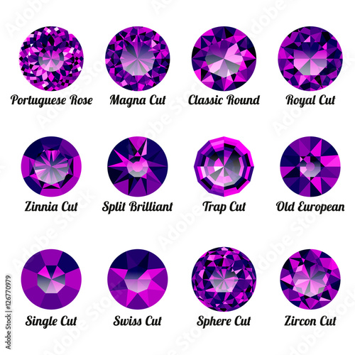 Set of realistic purple amethysts with round cuts isolated on white background. Jewel and jewelry. Colorful gems and gemstones. Magna, classic round, royal, zinnia, trap, single, swiss, sphere, zircon