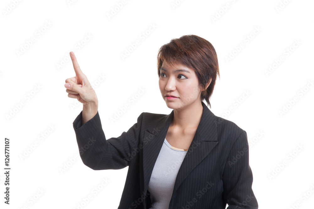 Asian business woman touching the screen with her finger. Asian business woman touching the screen with her finger.