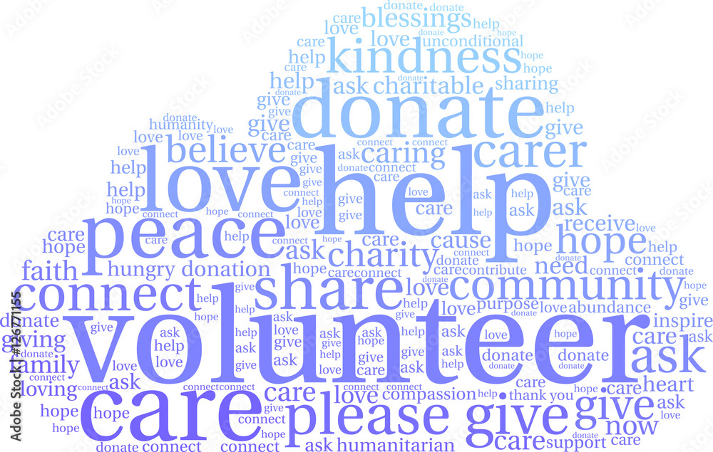 Volunteer word cloud on a white background.