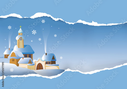Christmas winter landscape. 
Christmas winter village in Central Europe with church. Vector available.