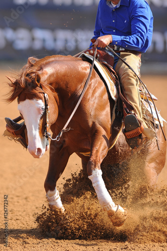 The side view of a rider in cowboy chaps and boots on a horseback running ahead and sliding the horse in the dirt