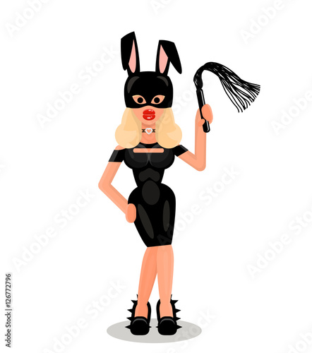 Pretty sexy BDSM mistress, dominatrix in latex dress and bunny ears with a whip in her hand