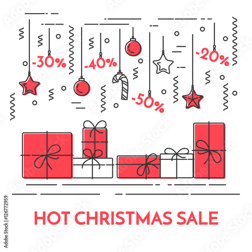 Christmas and New Year horizontal sales banner Line art style
