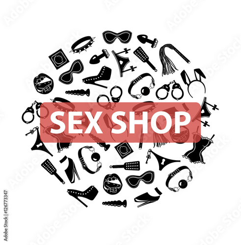 Sex toys BDSM icons set in a round form, vector illustration