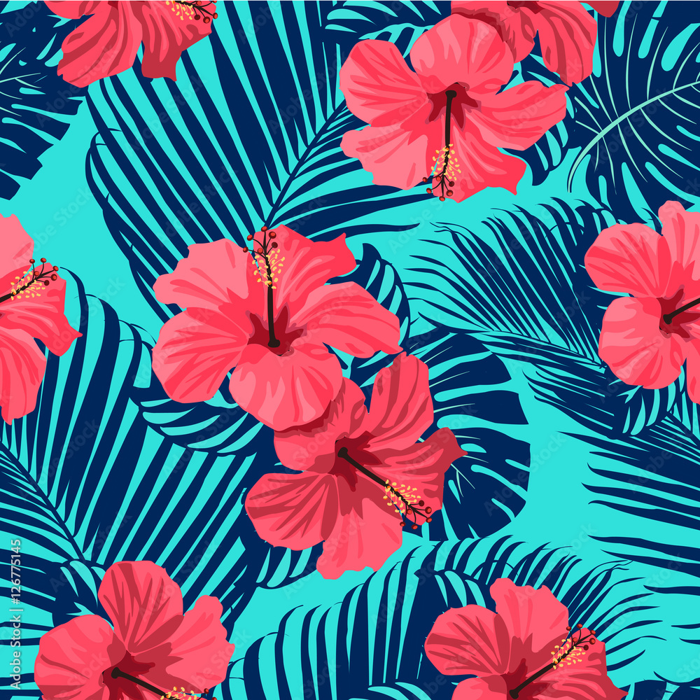 Tropical flowers and palm leaves on background. Seamless. Vector pattern. 