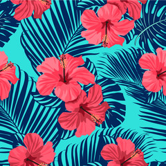 Sierkussen Turquoise patronen Tropische bloemen en palmbladeren patroon  © Angelina Bambina