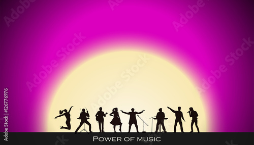 Band show on pink sunset background. Festival concept. Set of silhouettes of musicians  singers and dancers. Vector illustration