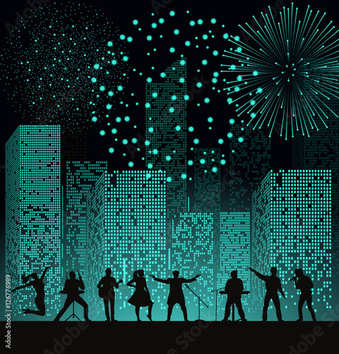 Band show on night city background with fireshow at turquoise style. Festival concept. Set of silhouettes of musicians, singers and dancers. Vector illustration