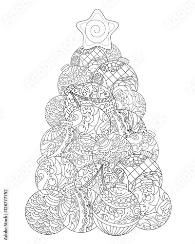 Christmas tree adult coloring page. Winter holiday vector illustration.