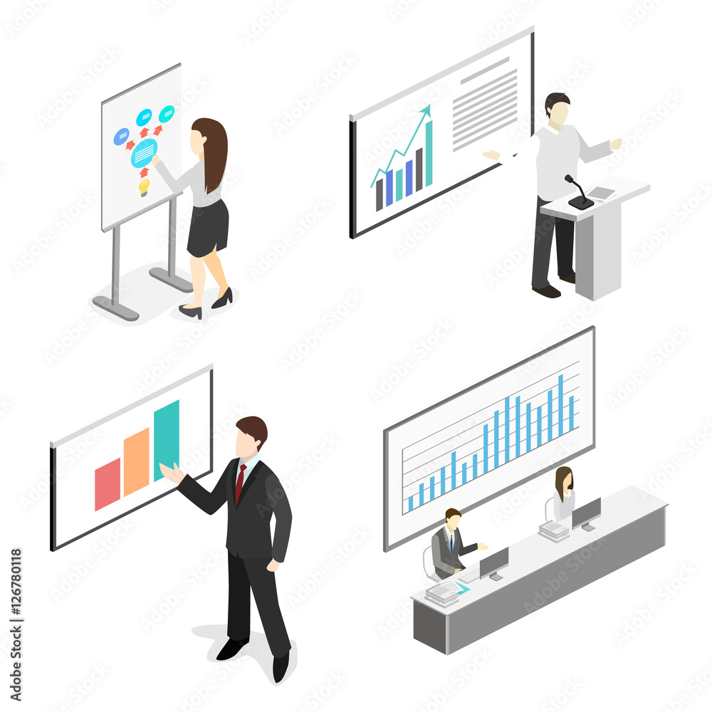 Business meeting in an office Business presentation meeting in conference hall. Flat 3D illustration. Business meeting in an office Business presentation meeting in conference hall. Flat 3D illustration.