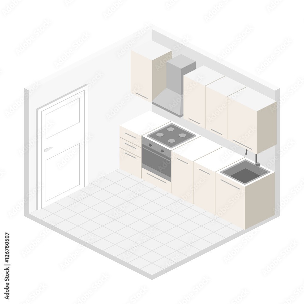 Isometric flat 3D interior of modern kitchen.